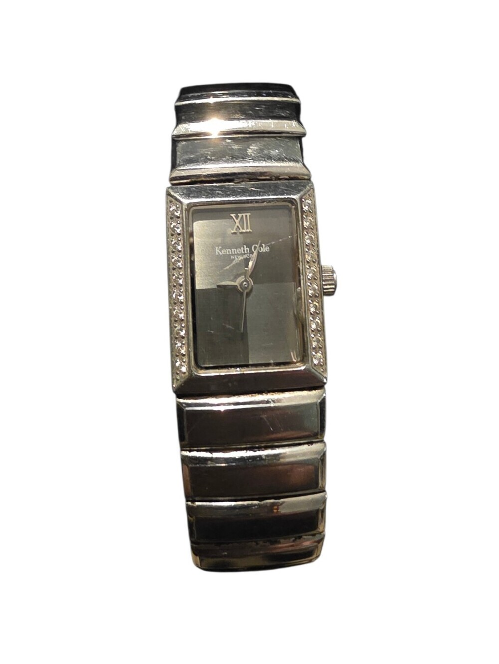 Kenneth Cole Silver-Tone Rectangular Crystal Bezel Bracelet Watch